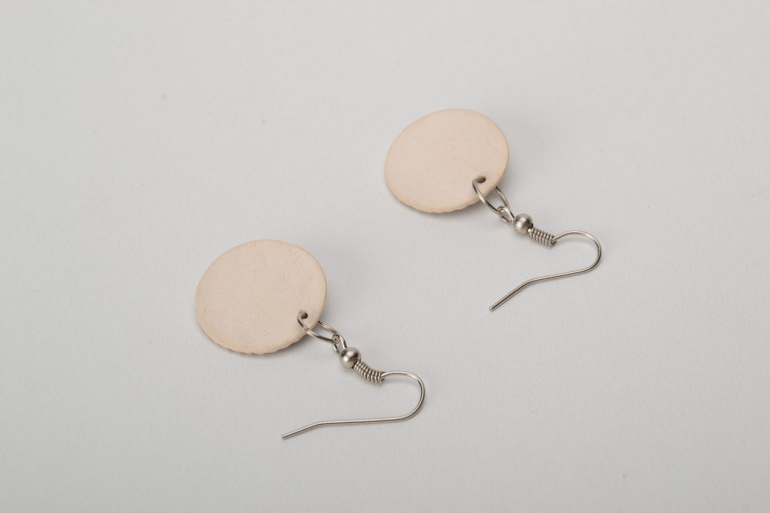 Light round earrings with ornament hand made of white clay for women photo 4