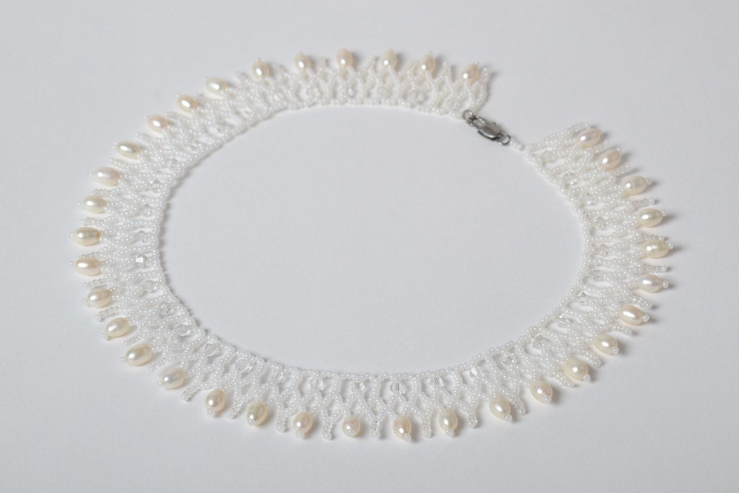 Handmade beautiful openwork necklace made of pearls and beads present for girl photo 2