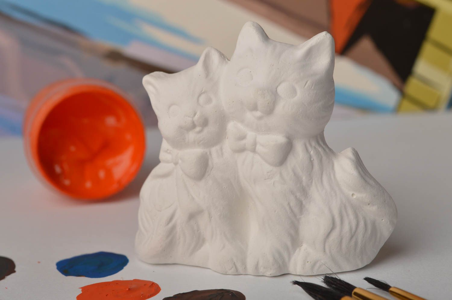 Aimant frigo fait main Figurine à peindre deux chats en plâtre Loisirs créatifs photo 1