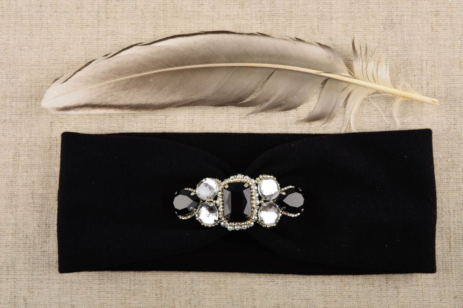 Bandeau cheveux large noir fait main en tissu avec strass Cadeau pour femme photo 1