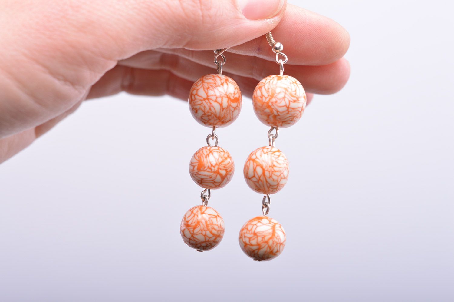 Handmade long polymer clay beaded earrings in calm colors Cobweb photo 4