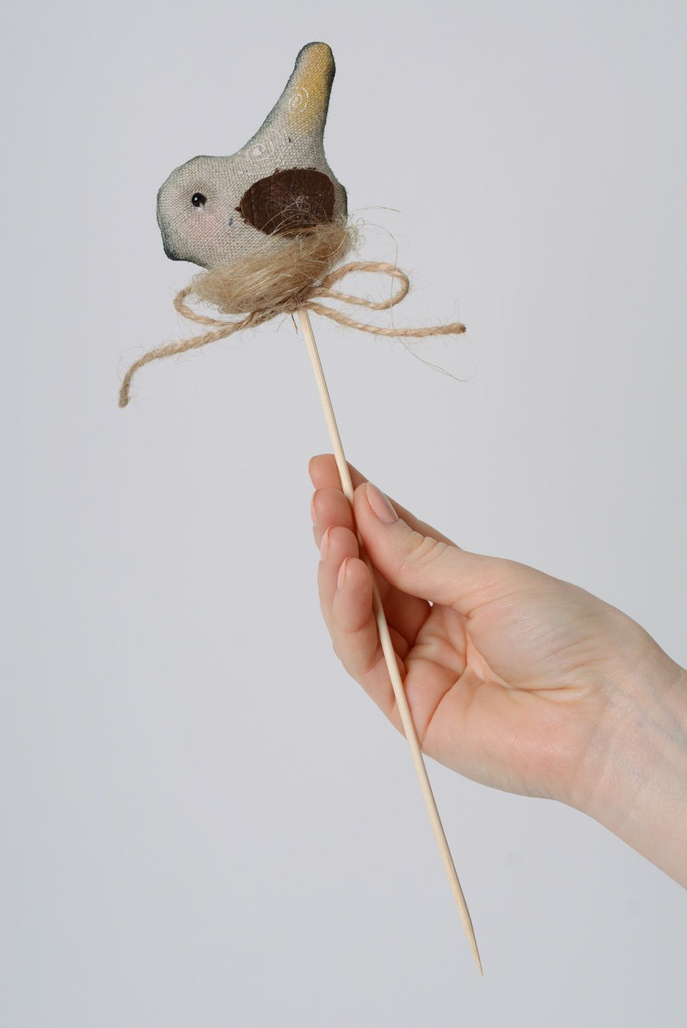 Handmade decorative flowerpot stick soft toy sewn of linen and painted Bird  photo 1