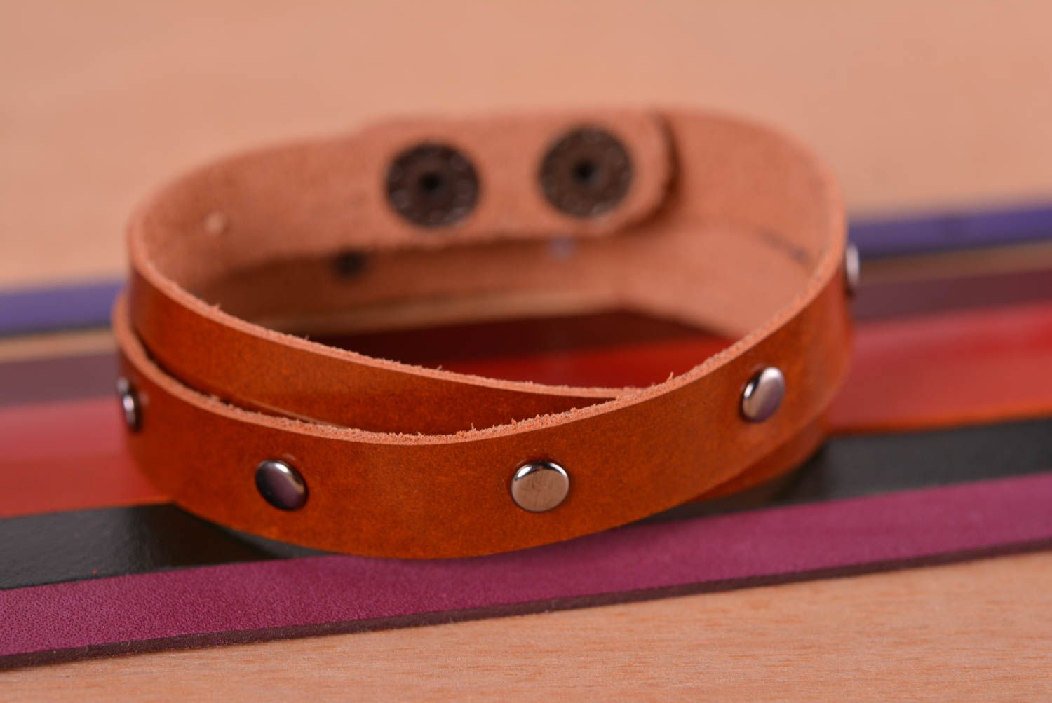 Handmade brown wrist bracelet unusual leather bracelet stylish accessory photo 1