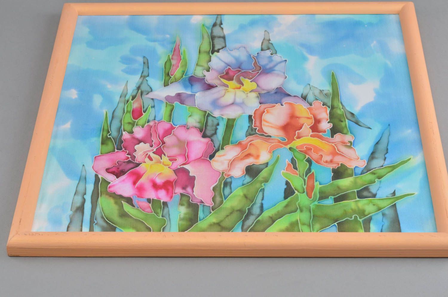 Handgemachtes Wandbild Batik mit Blumen in Holzrahmen für Interieur Dekor foto 2