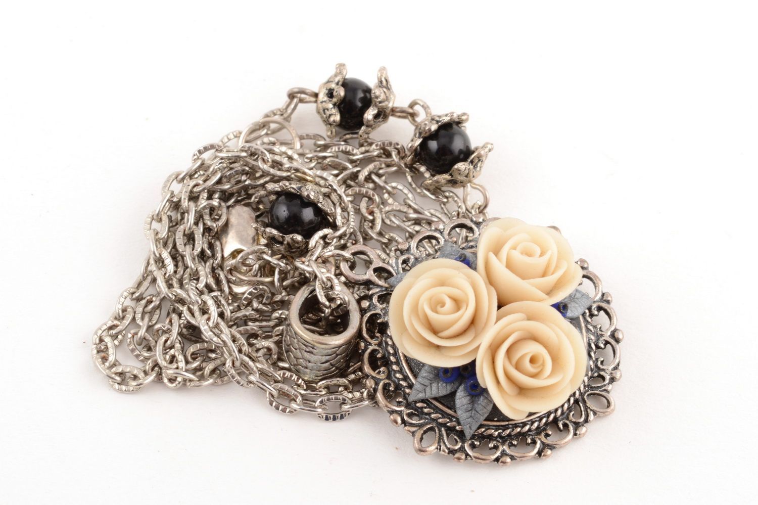 Handmade metal round pendant on chain with polymer clay cream colored flowers photo 4