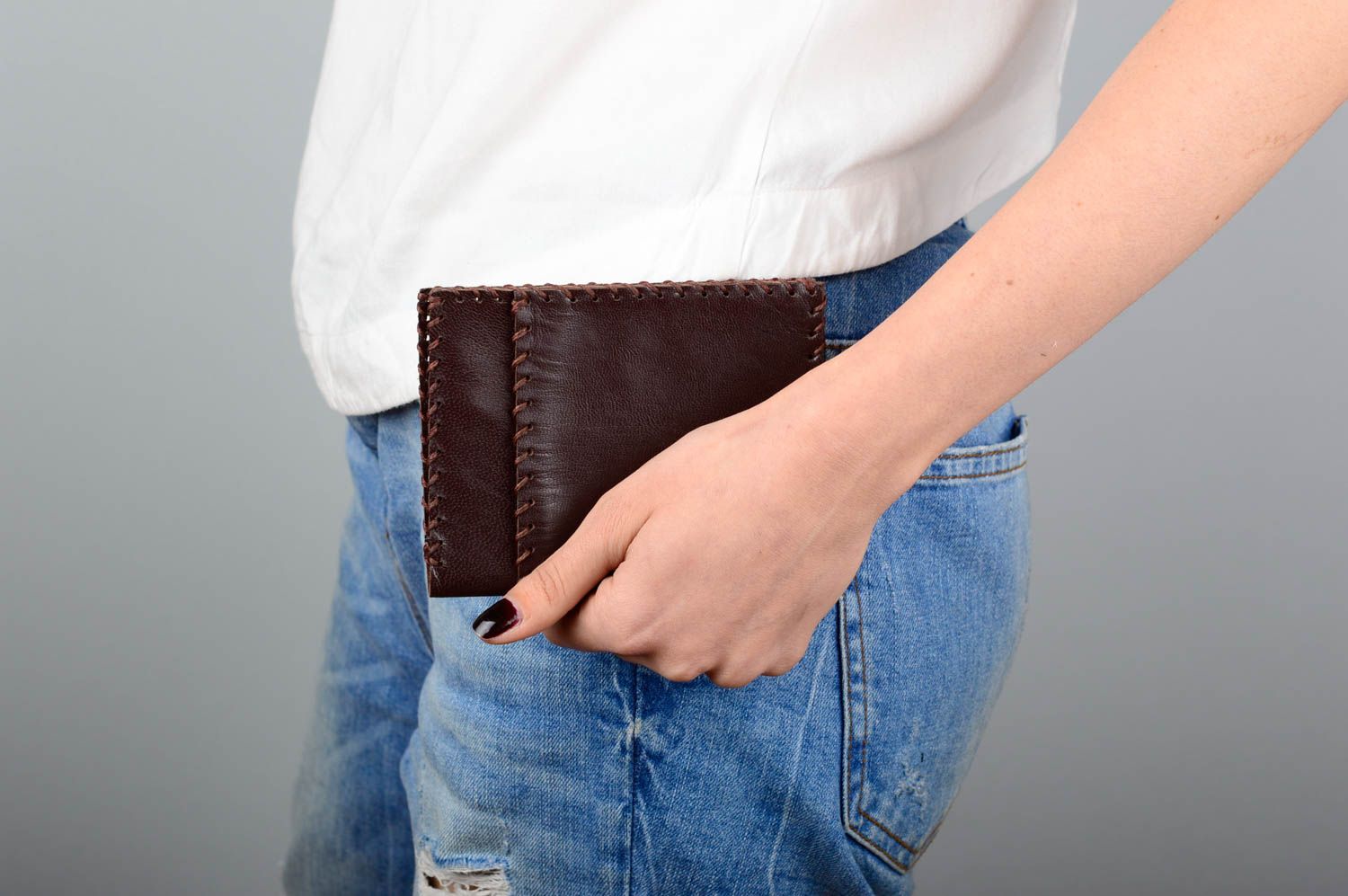 Кожаный кошелек портмоне прямоугольный коричневый красивый стильный хэнд мейд фото 5