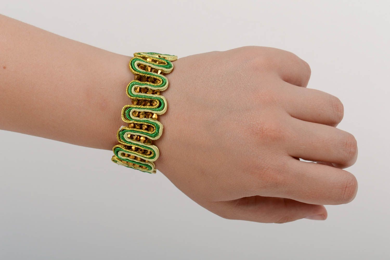 Beautiful homemade designer soutache bracelet with Czech crystal beads photo 5