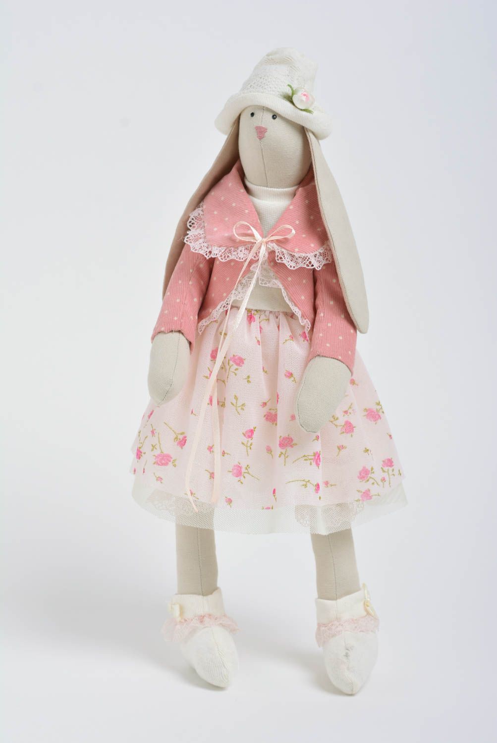Handmade designer interior soft doll rabbit girl in pink clothing and white hat photo 1