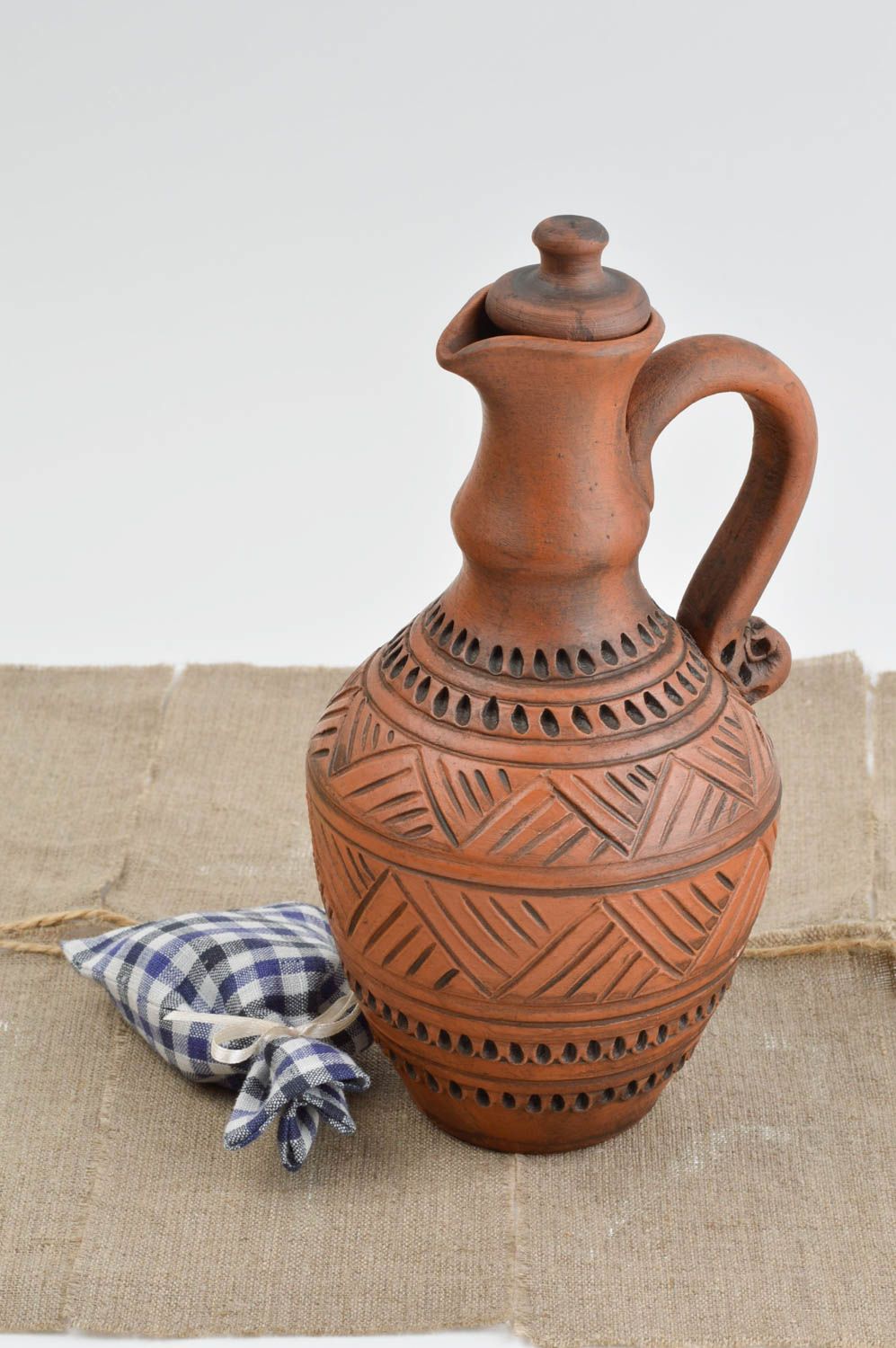 Greek style 18 oz wine carafe pitcher with ornament great pottery gift 8 inches, 1,3 lb photo 1