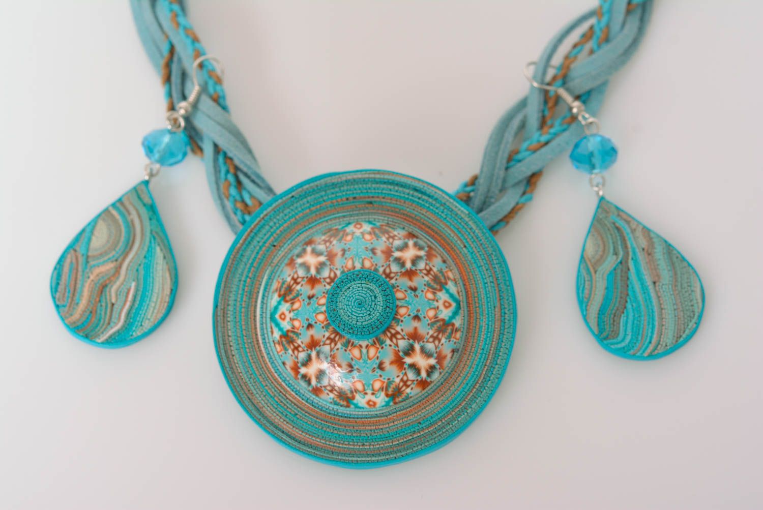 Set of handmade turquoise polymer clay jewelry 2 items necklace and earrings photo 2