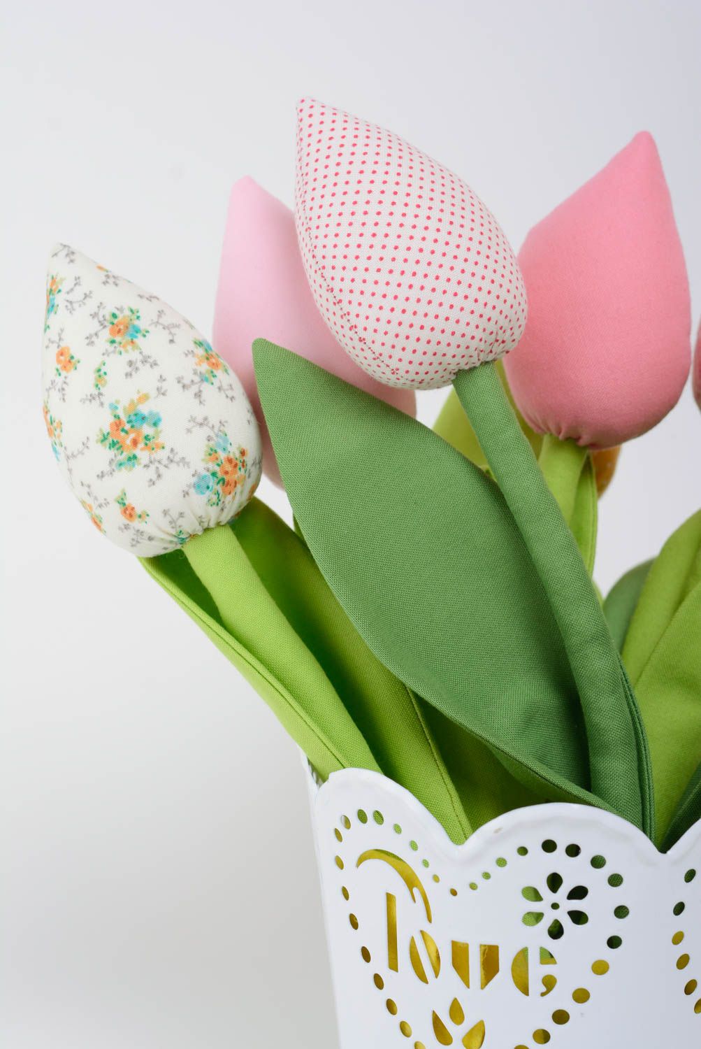 Fleur décorative en tissu faite main design original cadeau Tulipe à pois photo 3
