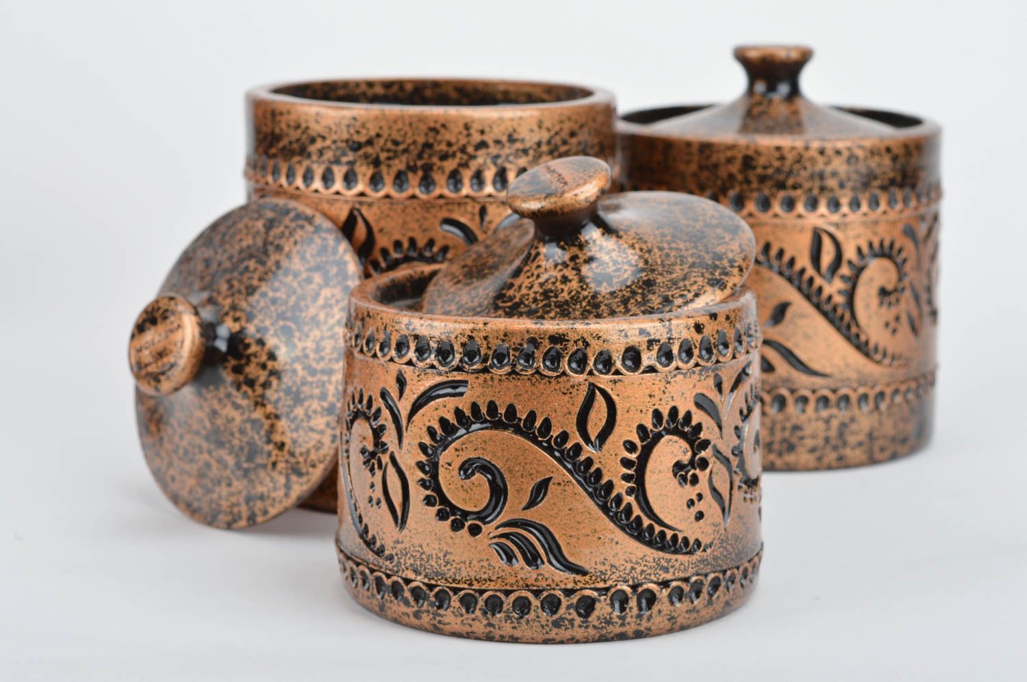 Ensemble de petits pots pour épices en céramique 3 pièces fait main ethnique photo 5
