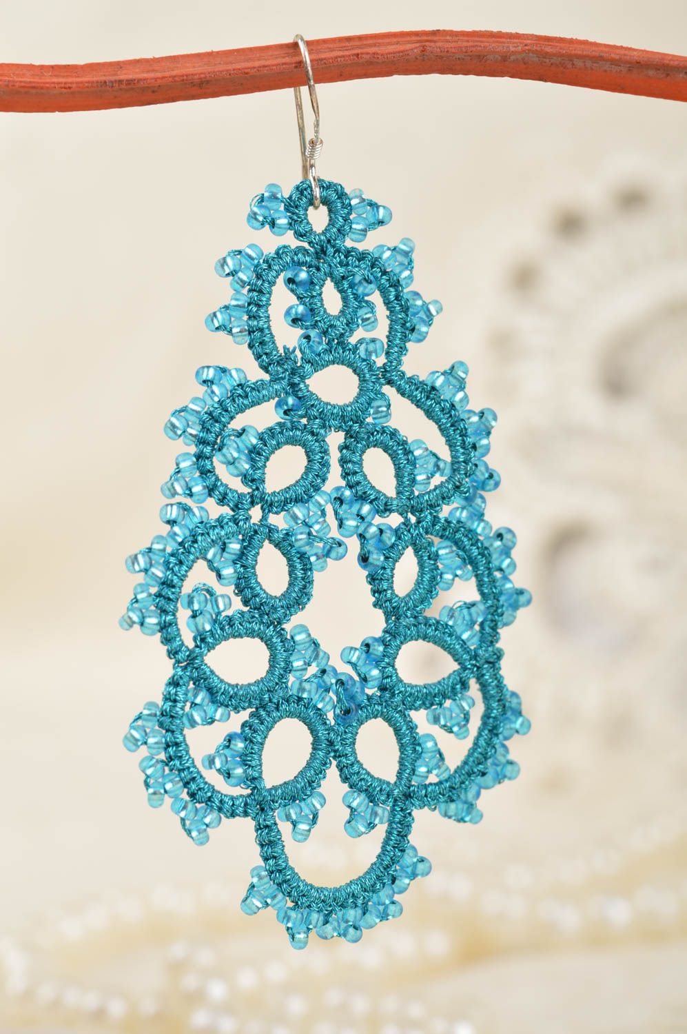 Unusual gentle handmade designer blue tatting lace earrings with beads photo 3
