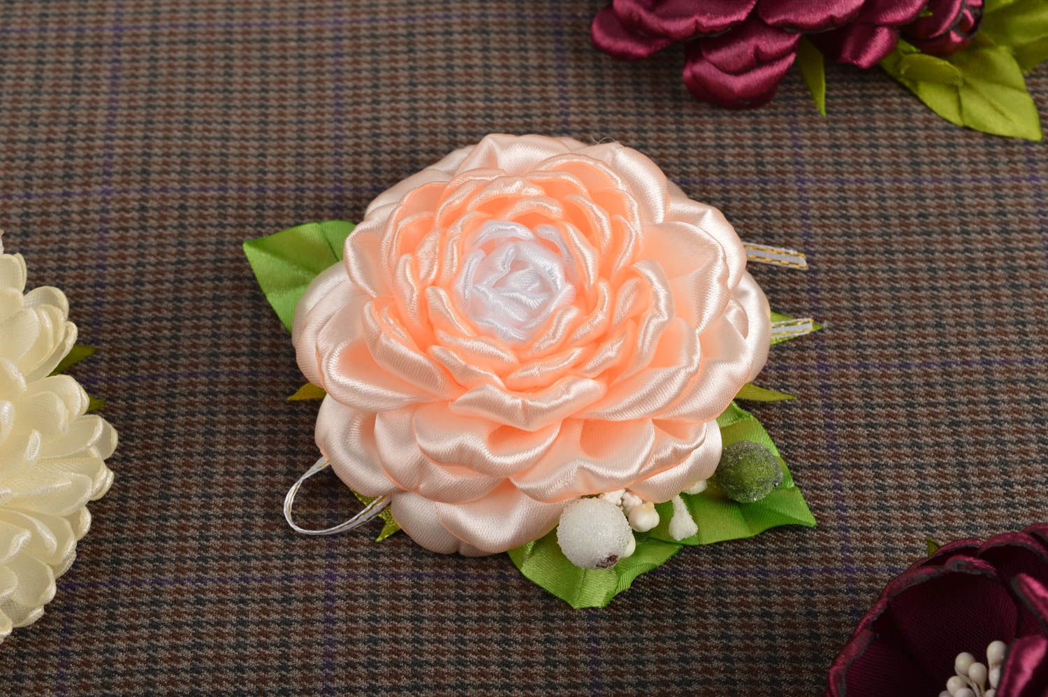 Childrens handmade textile barrette hair clip kanzashi flower gifts for her photo 1