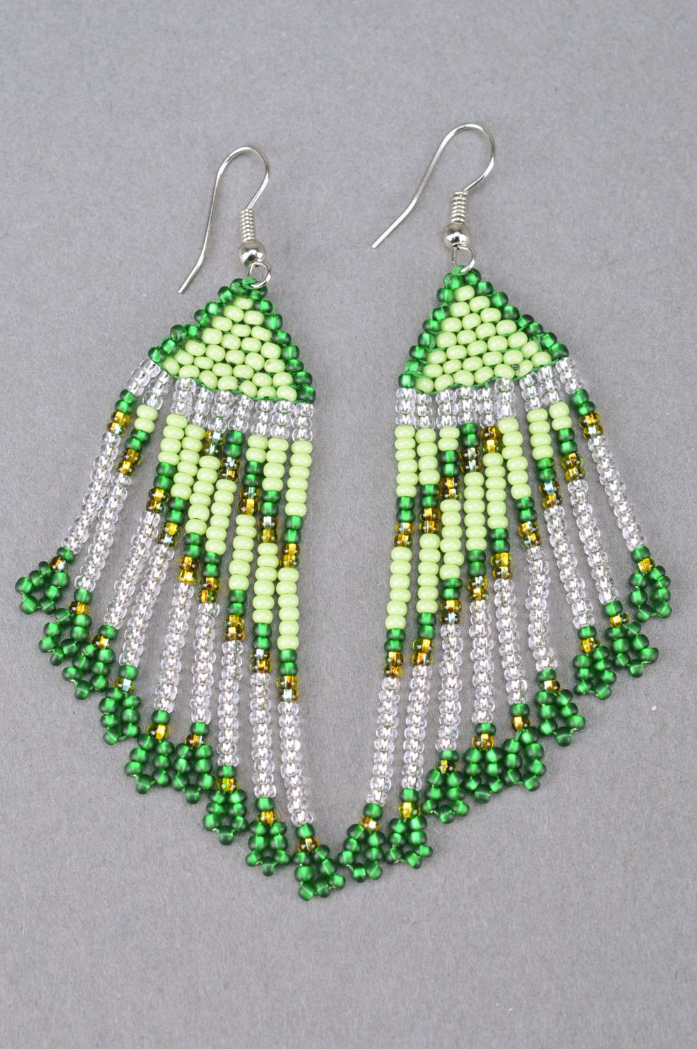 Green handmade woven Czech bead long earrings in Orient style photo 2