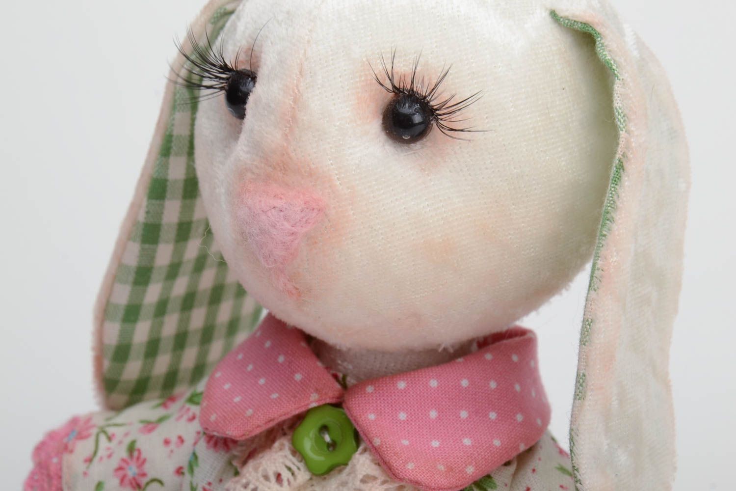 Handmade designer cotton and plush soft toy rabbit in pink floral dress for kids photo 3