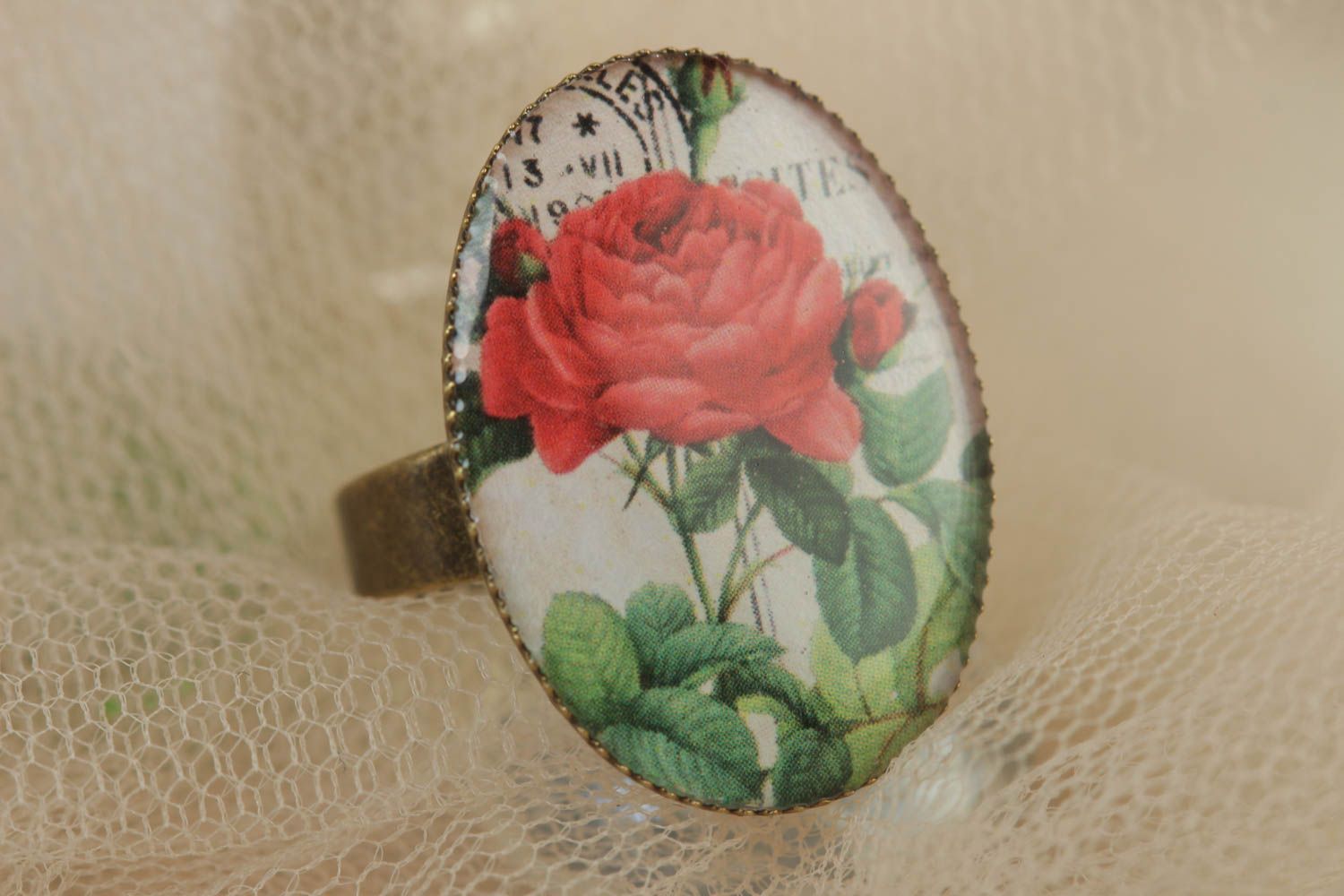 Handmade ring made of metal and glass glaze Rose stylish accessory for women photo 1