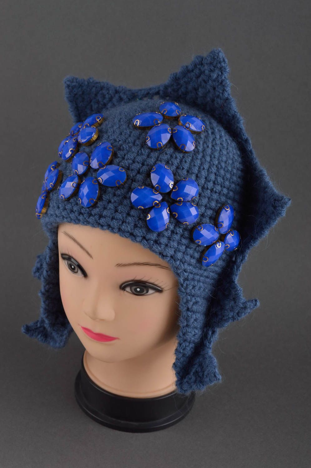 Вязаная шапочка из шерсти ручной работы женская шапка синяя шерстяная шапка фото 1