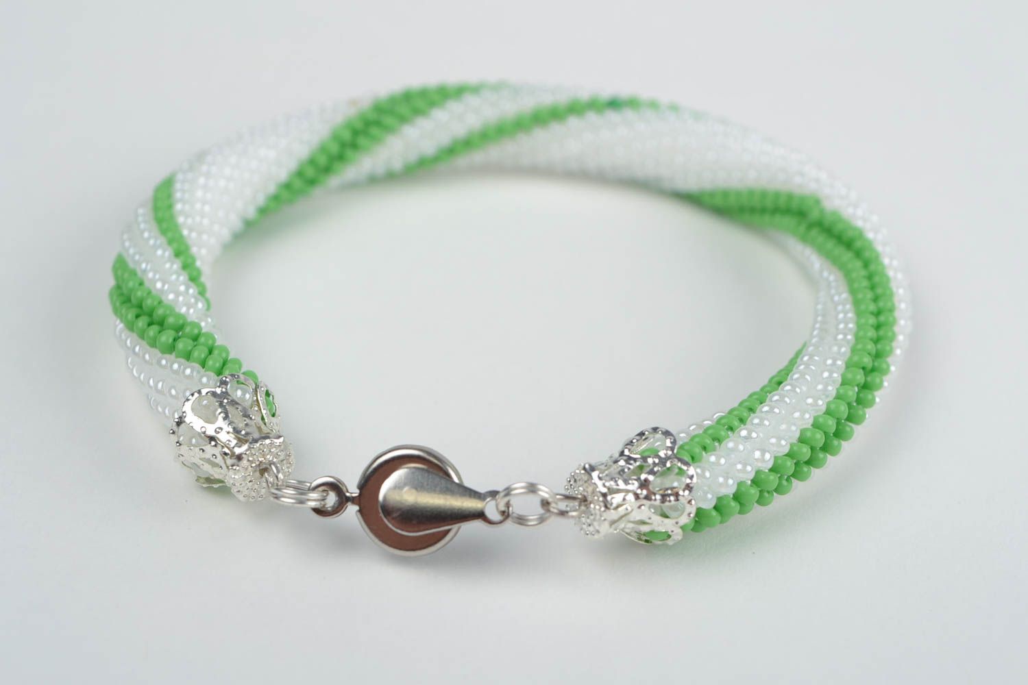 Handmade festive cute beautiful white and green beaded cord bracelet photo 5