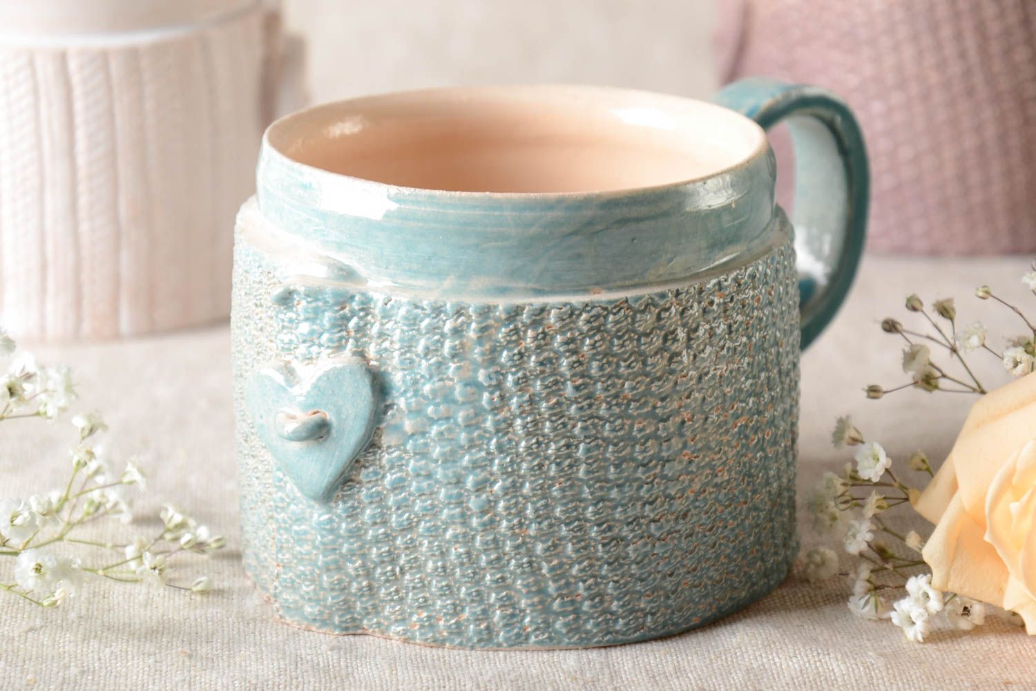 11 oz woman's ceramic porcelain cup in blue color with handle 1,03 lb photo 1