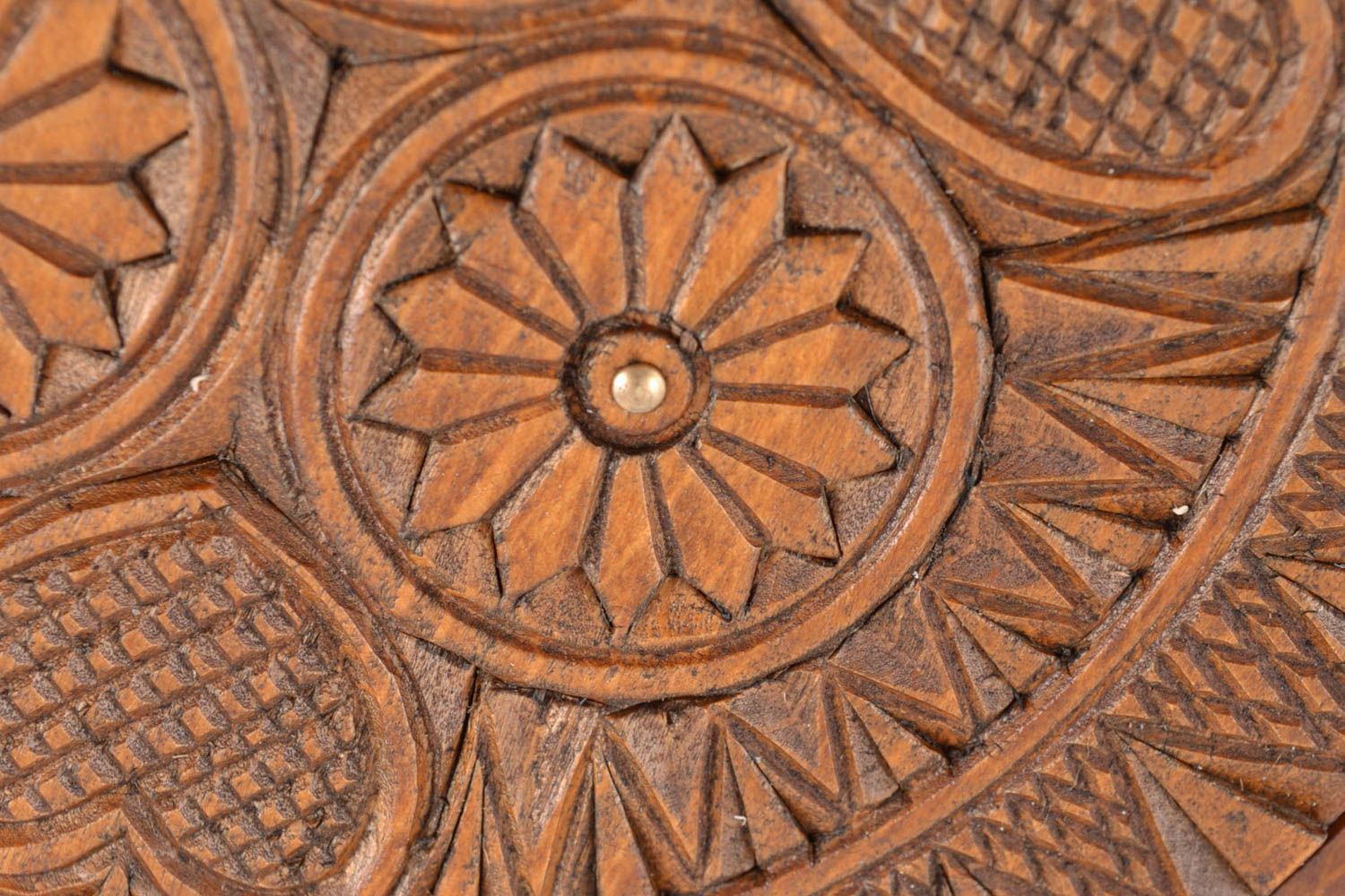 Carved wooden plate inlaid with metal inserts photo 2