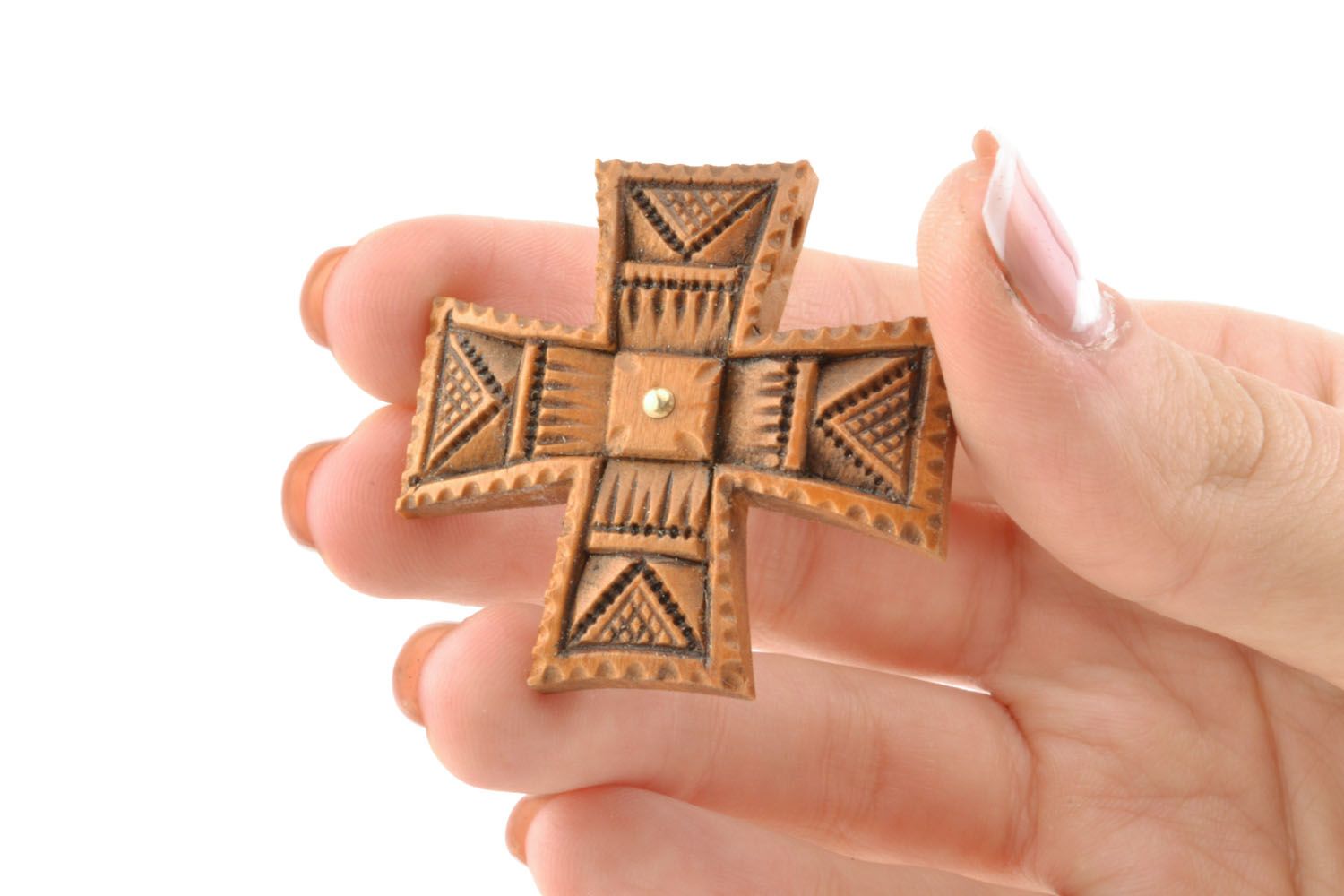 Wooden cross inlaid with metal inserts photo 2