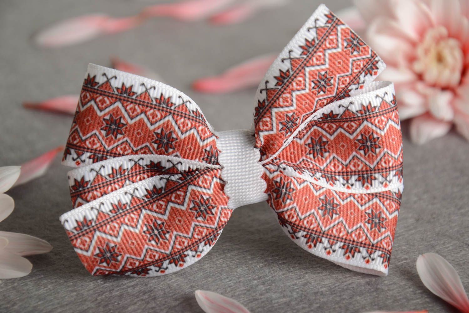 Bow handmade hair barrette in ethnic style for girl red and white photo 1