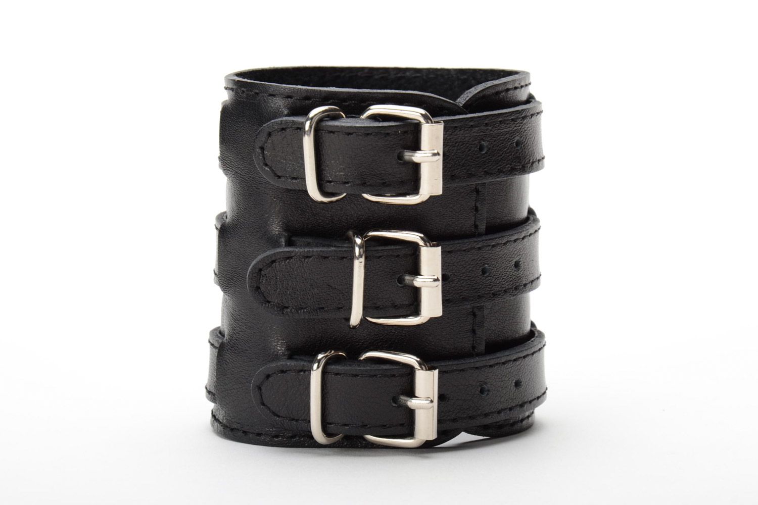 Wide handmade black genuine leather wrist bracelet with three buckles unisex photo 3