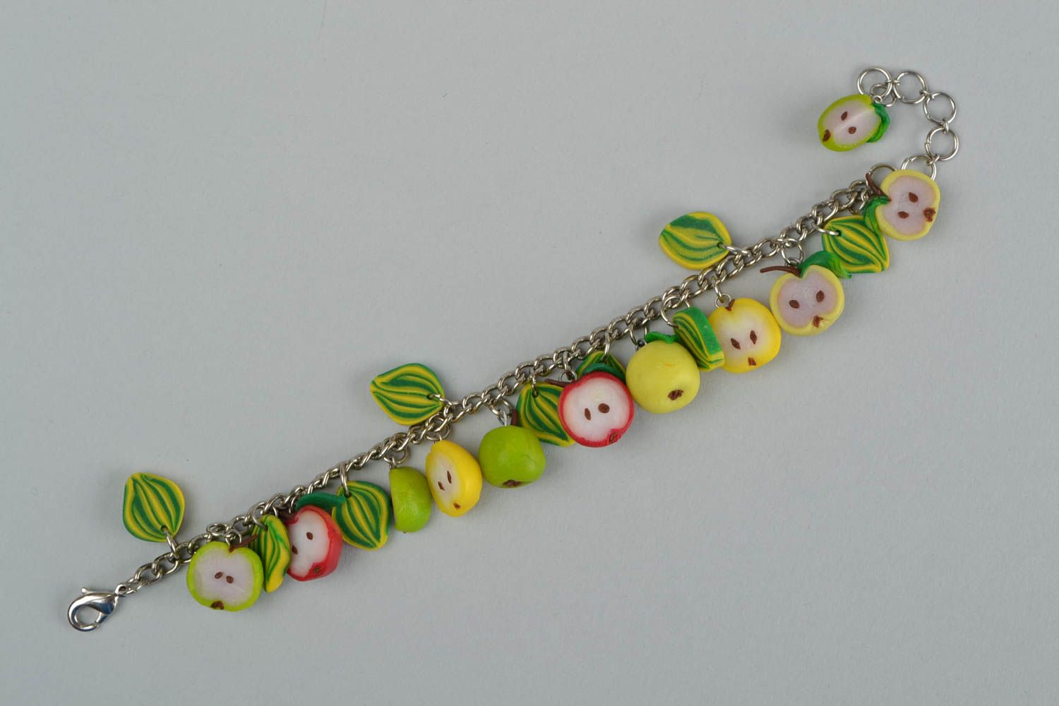 Handmade green designer wrist bracelet with fruit made of polymer clay  photo 4