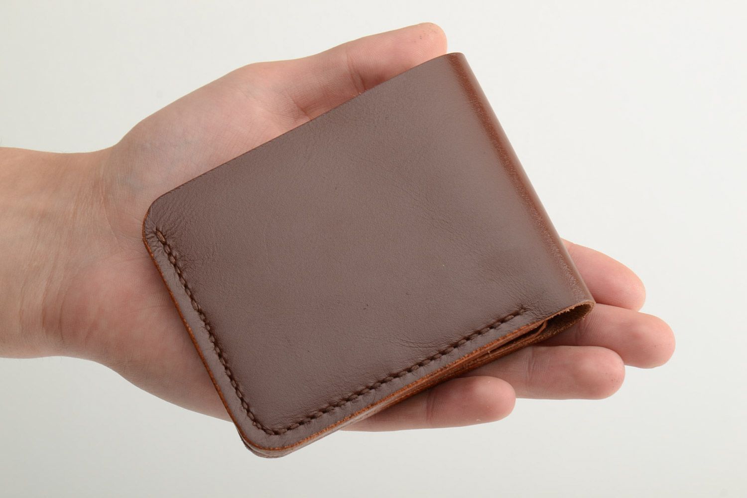 Men's wallet hand made of genuine leather of brown color for 7 departments photo 5