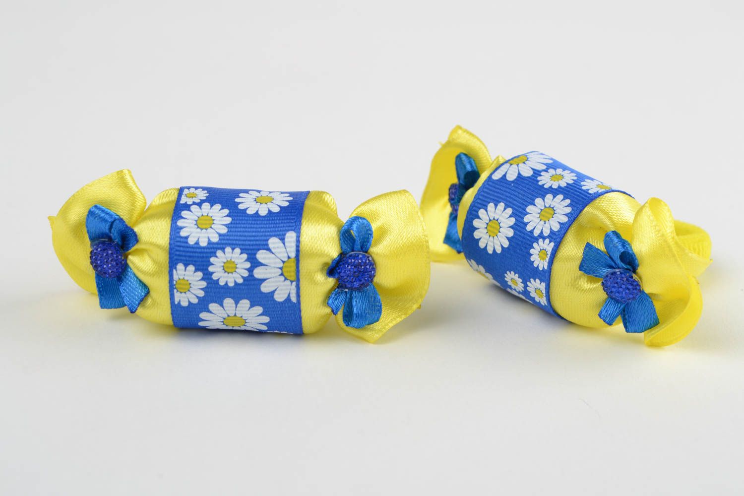 Bright handmade designer textile ribbon hair ties set 2 pieces blue and yellow photo 3