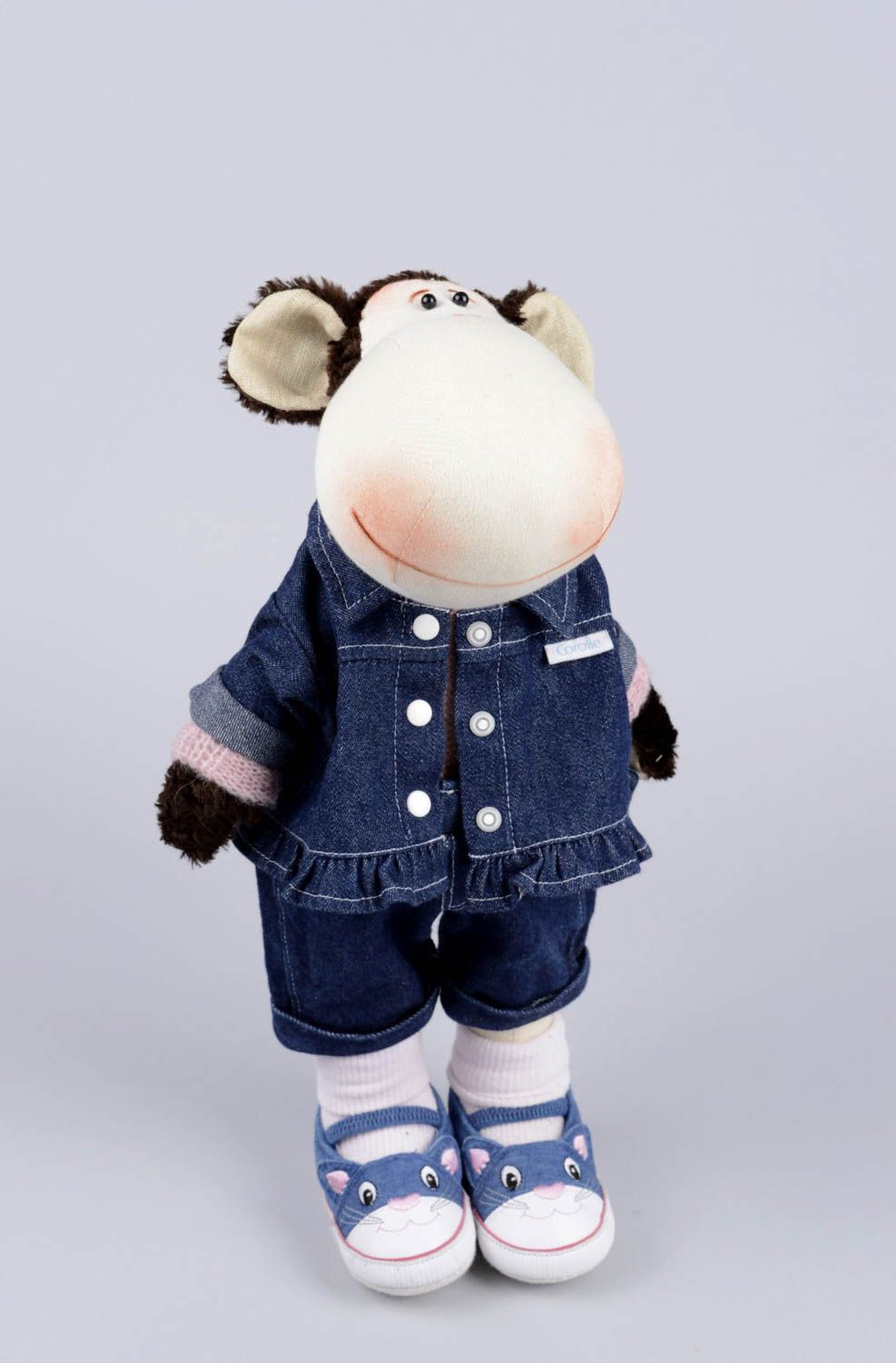 Peluche singe fait main Jouet enfant costume en jean design Cadeau original photo 1