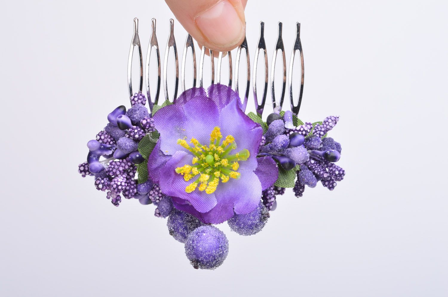 Handmade decorative hair comb with metal basis and violet flowers and berries photo 3