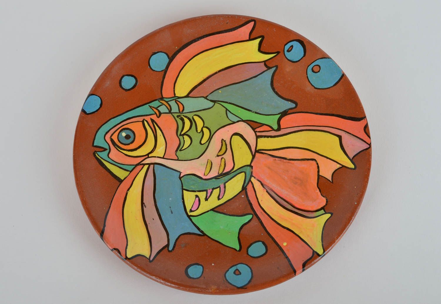 Handmade designer stylish unusual beautiful painted wall plate with fish  photo 2