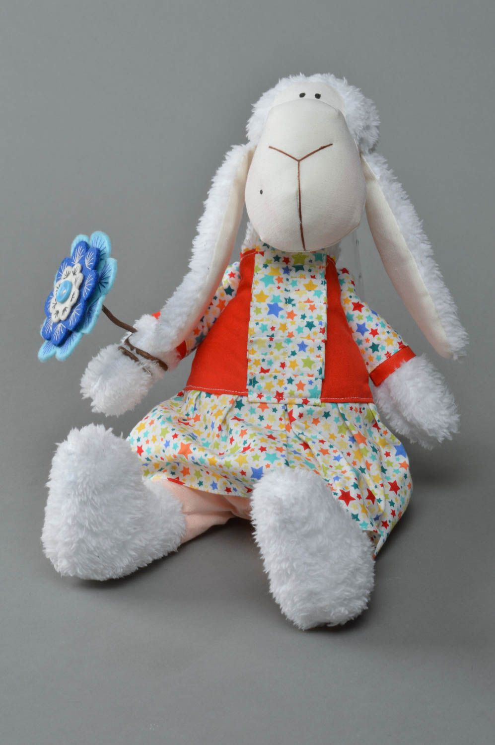 White handmade cotton fabric soft toy sheep in bright dress children's gift photo 1
