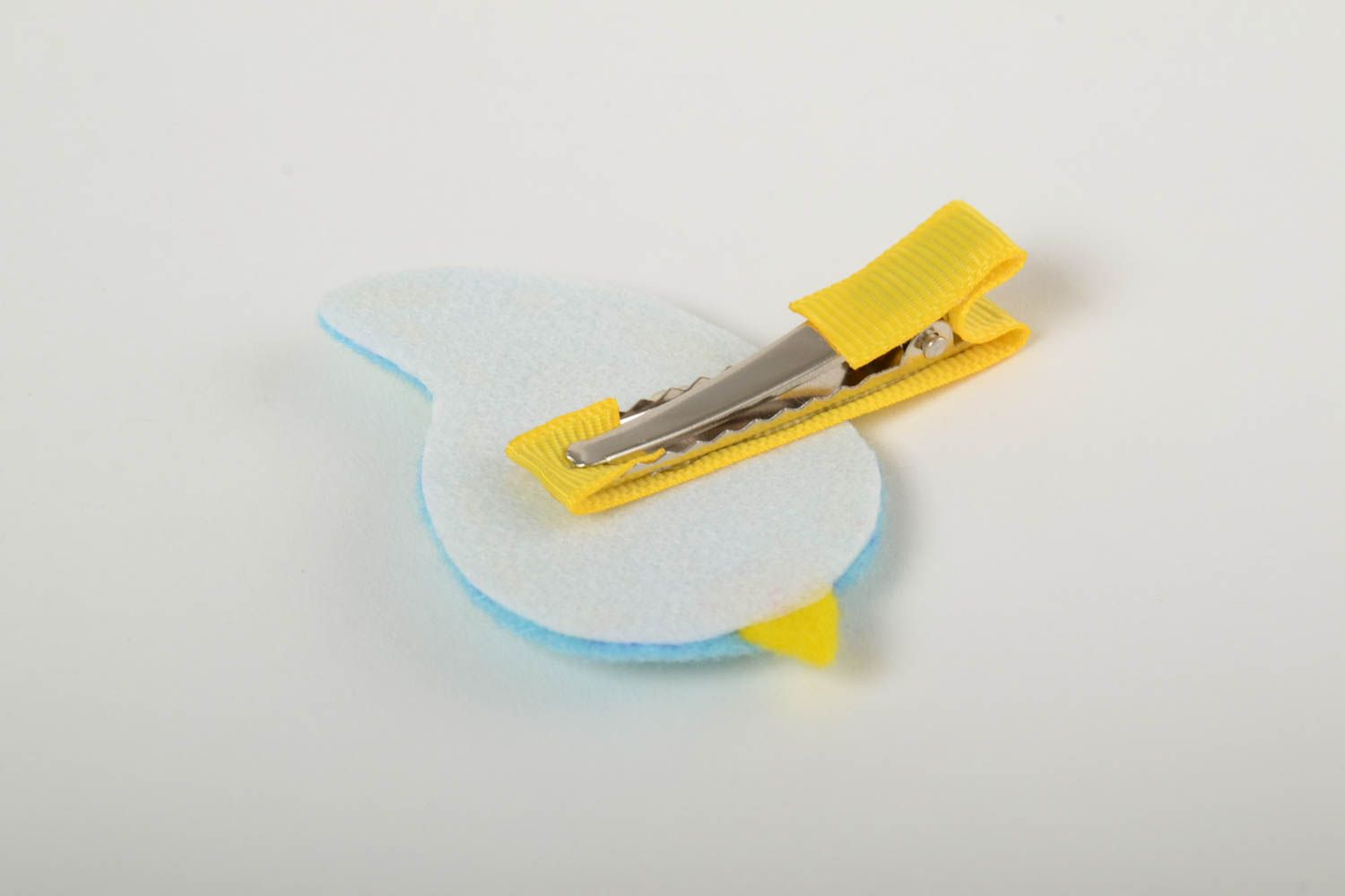 Handmade hairpin blue with yellow made of rep ribbon and fleece Bird photo 3