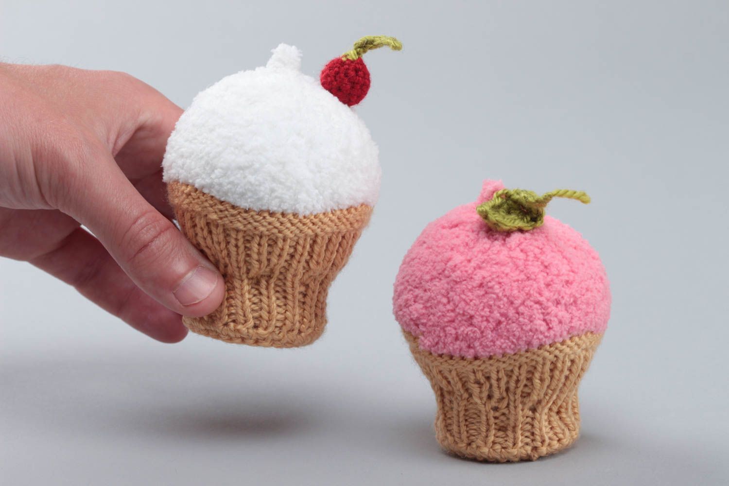 Set of 2 handmade crochet soft toys white and pink cakes with cherries photo 5