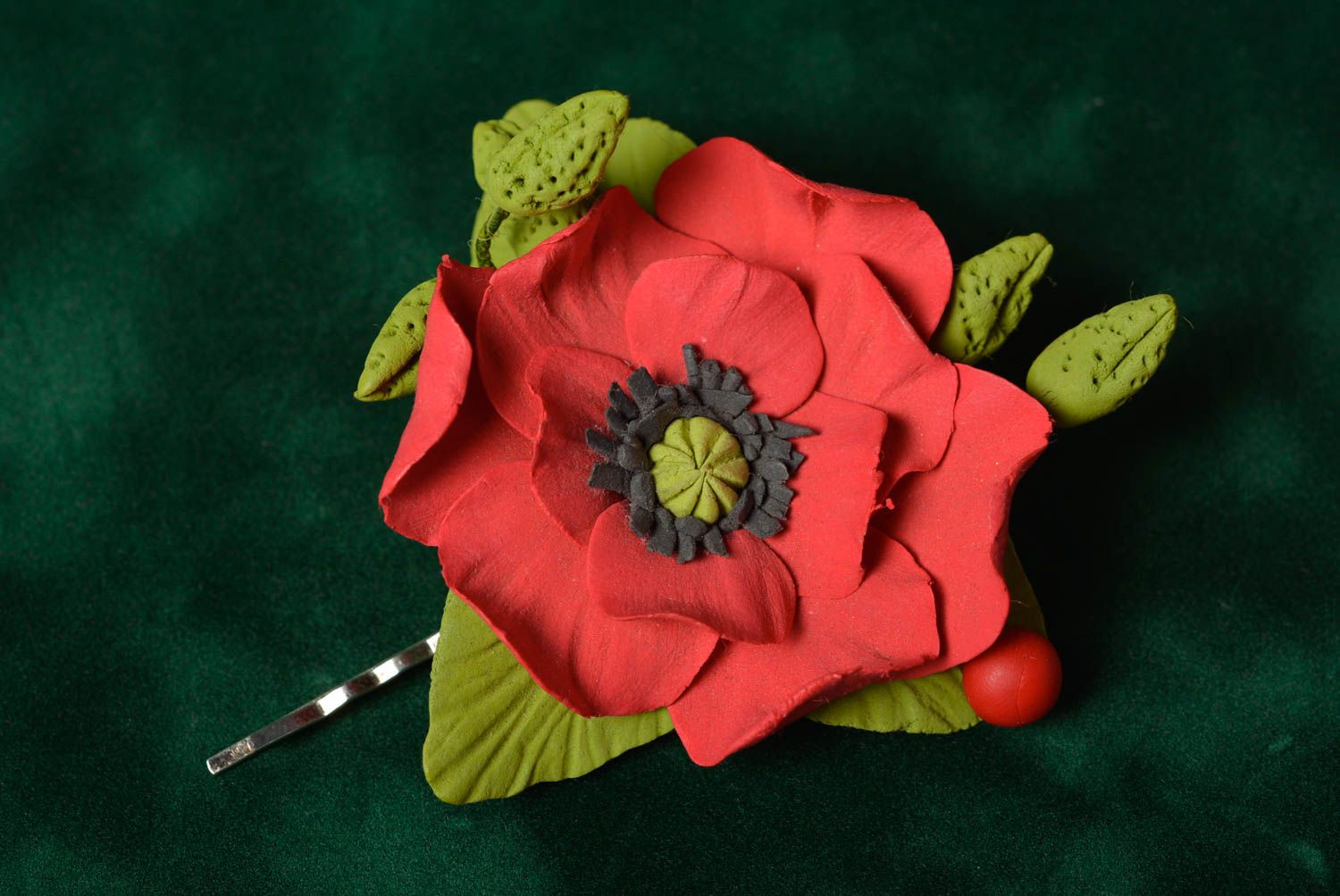 Pince invisible avec fleur de pavot rouge en pâte polymère faite main originale photo 1