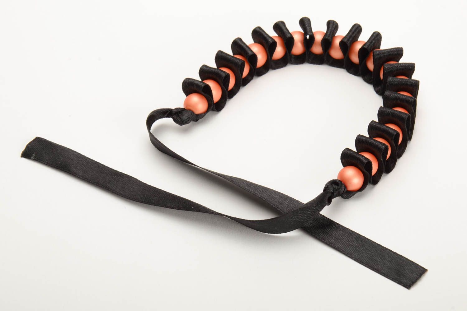 Handmade black wrist bracelet woven of satin ribbon and glass beads Lady photo 3