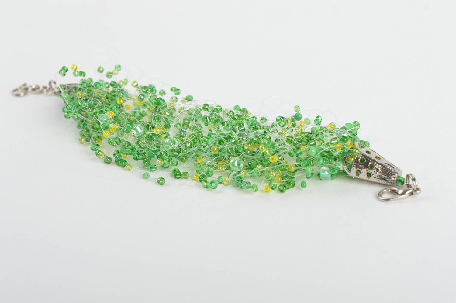 Handmade airy green wrist bangle bracelet crocheted of light green beads and fishing line  photo 3