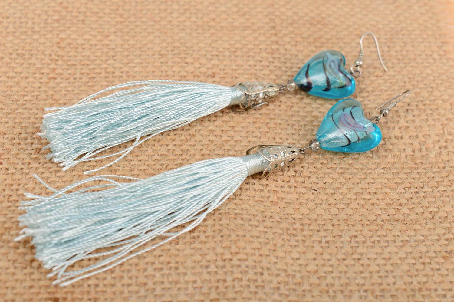 Handmade long earrings with tassels and glass beads in blue color fancy jewelry photo 1