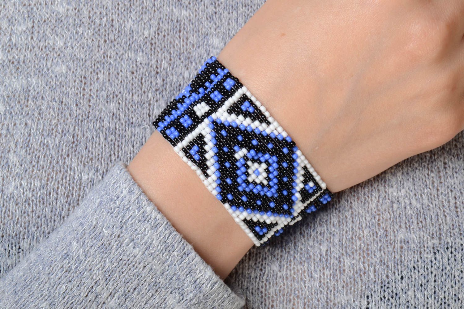 Blue and white handmade beaded wide bracelet with ornament in ethnic style photo 1