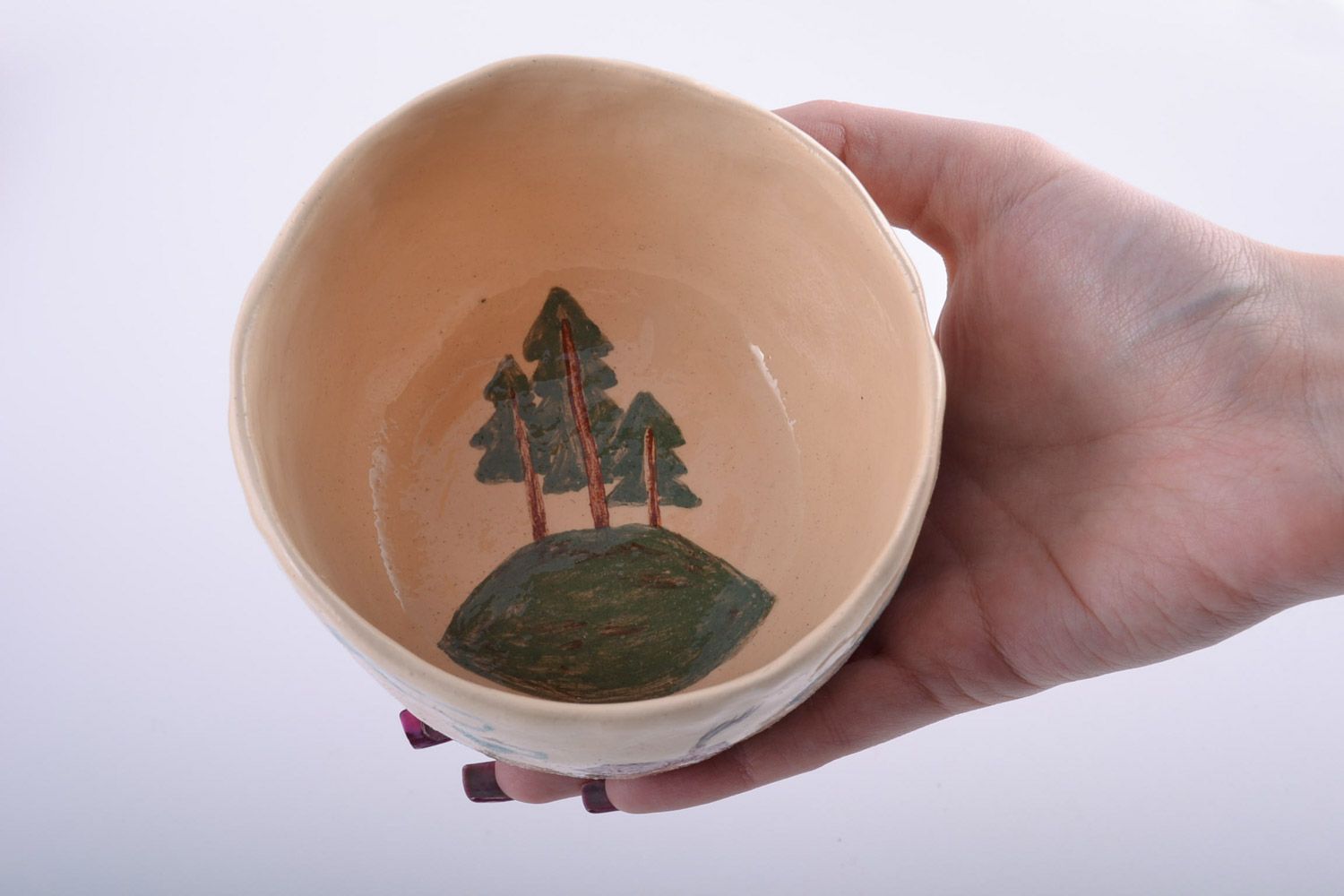 Small handmade beige clay bowl painted with engobes 0.2 l photo 5