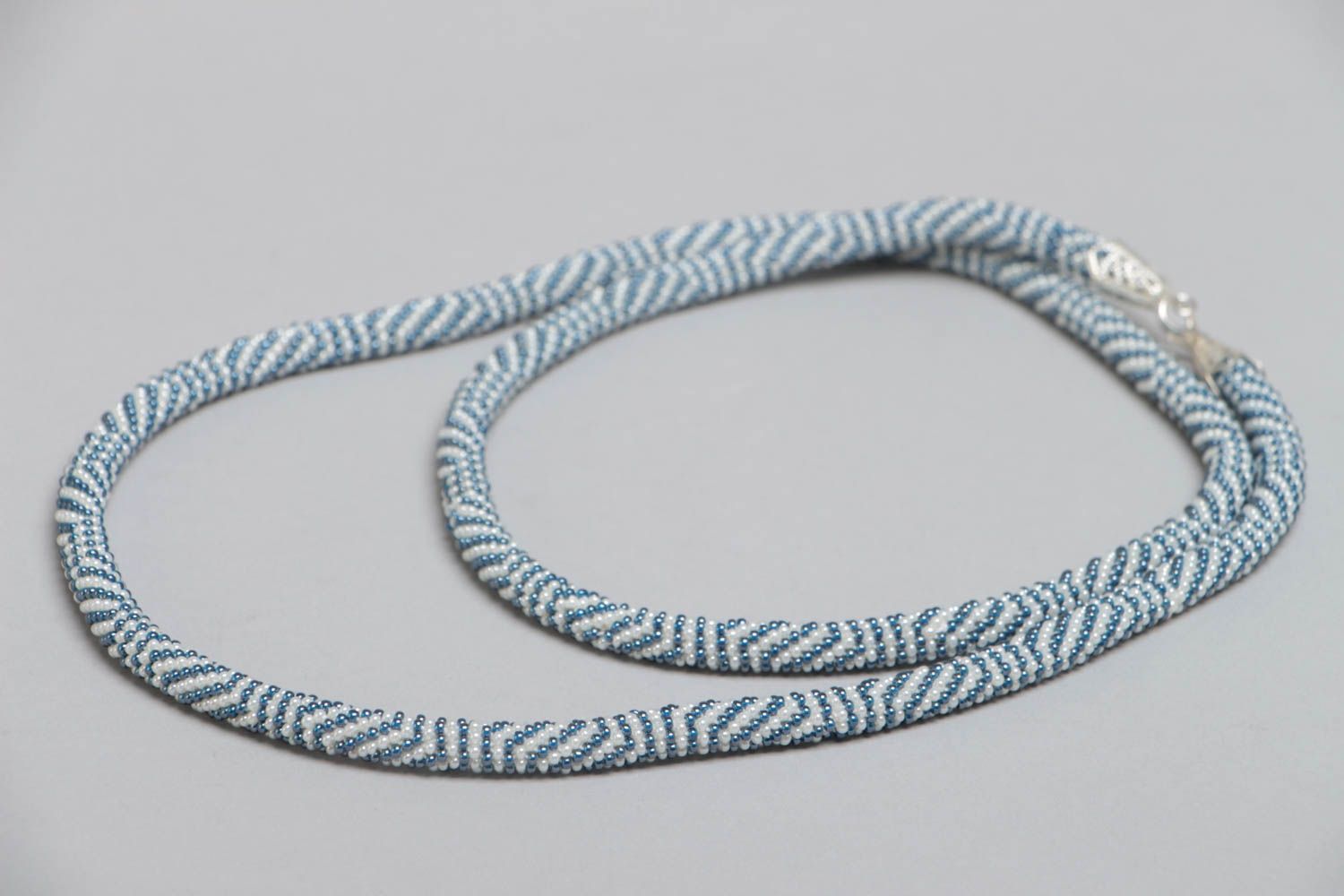 Handmade long white and blue striped beaded cord necklace for stylish women photo 3