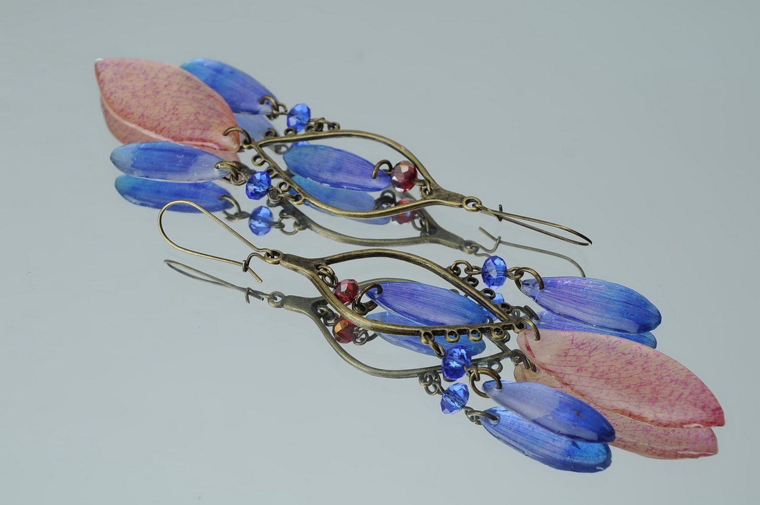 Bronze earrings with rose petals and chrysanthemum photo 2