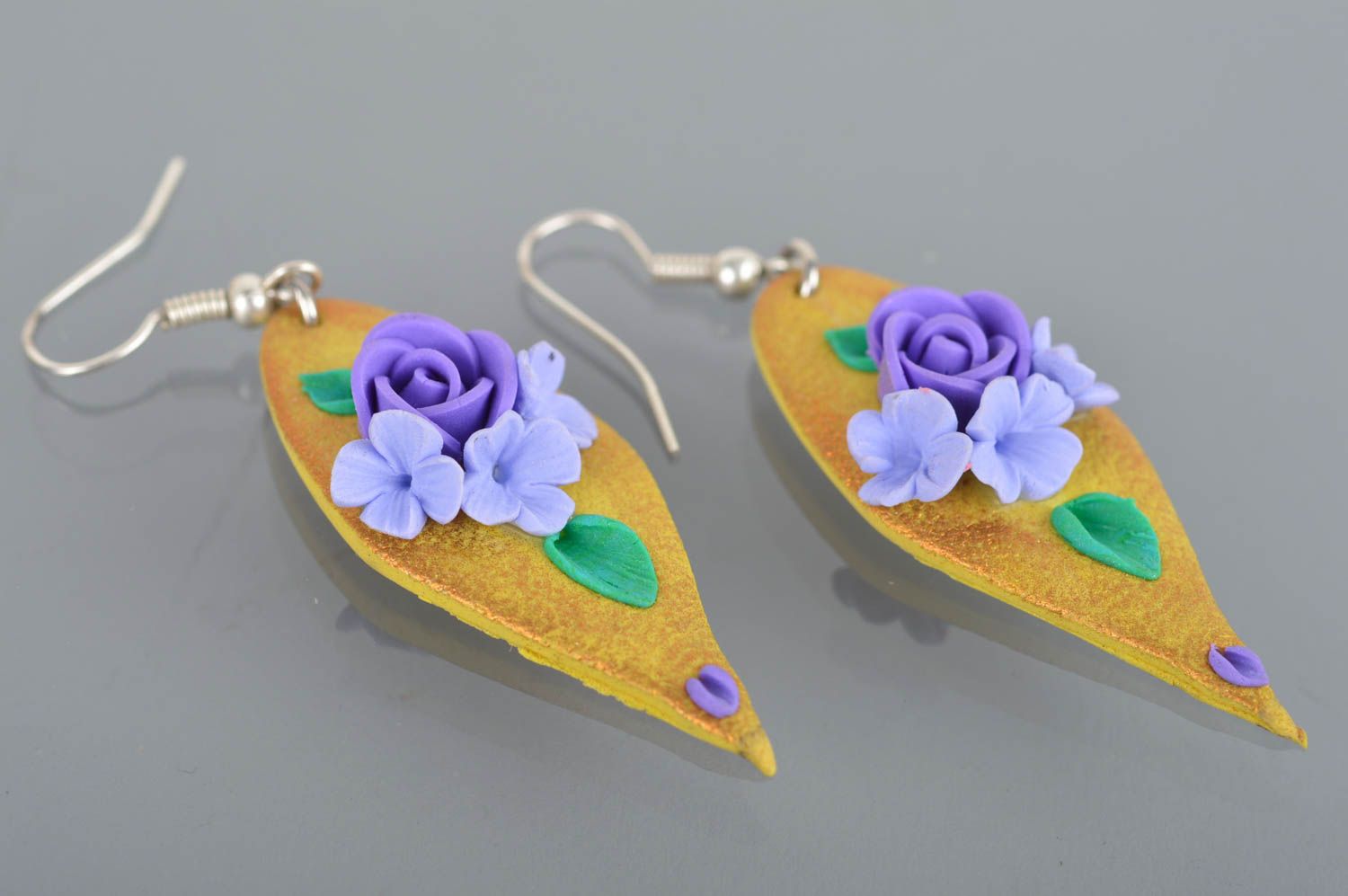 Volume long earrings made of polymer clay with flowers handmade accessory photo 2