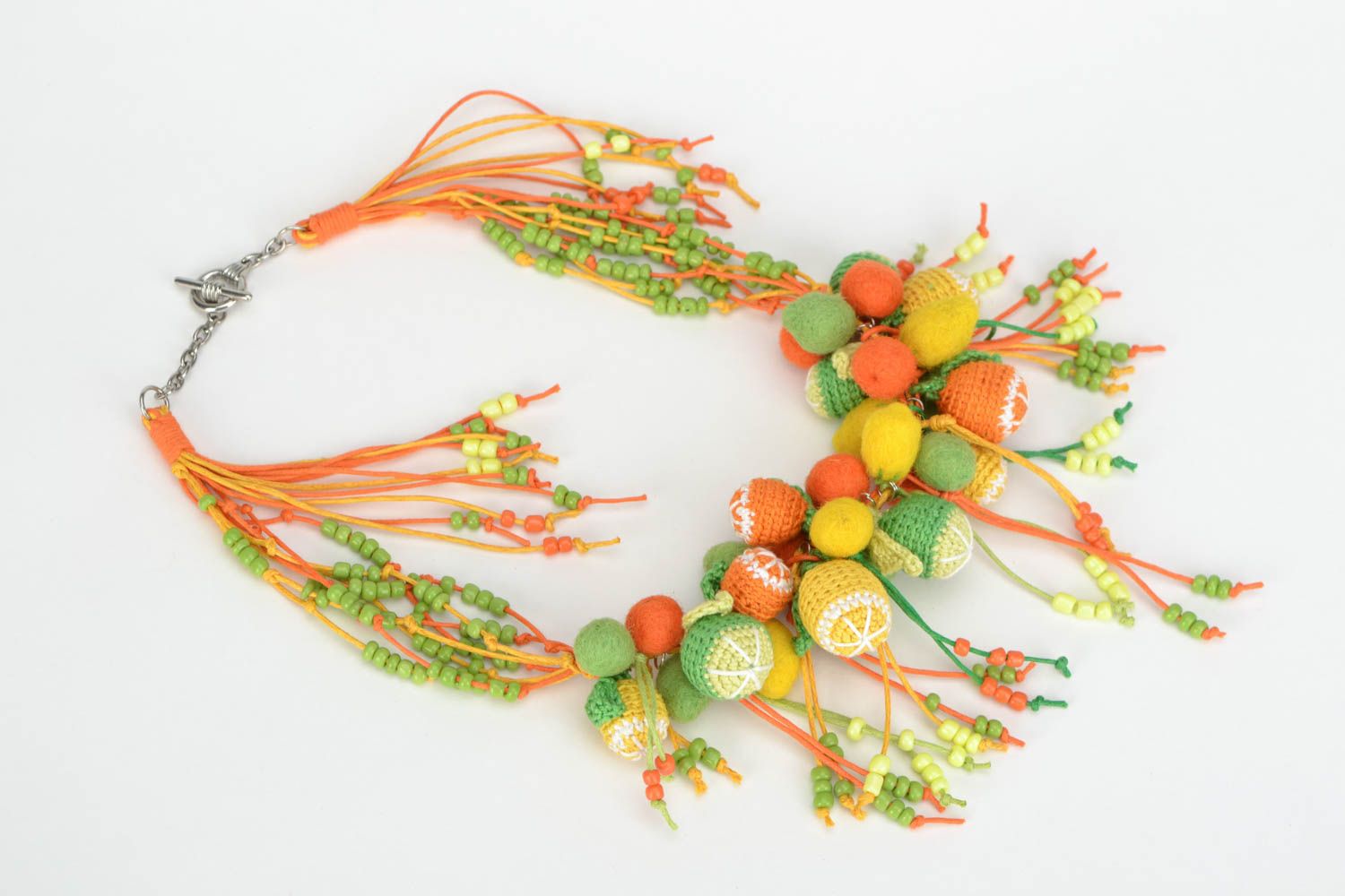 Handmade bead necklace crocheted over with cotton threads Citrus Bouquet photo 3