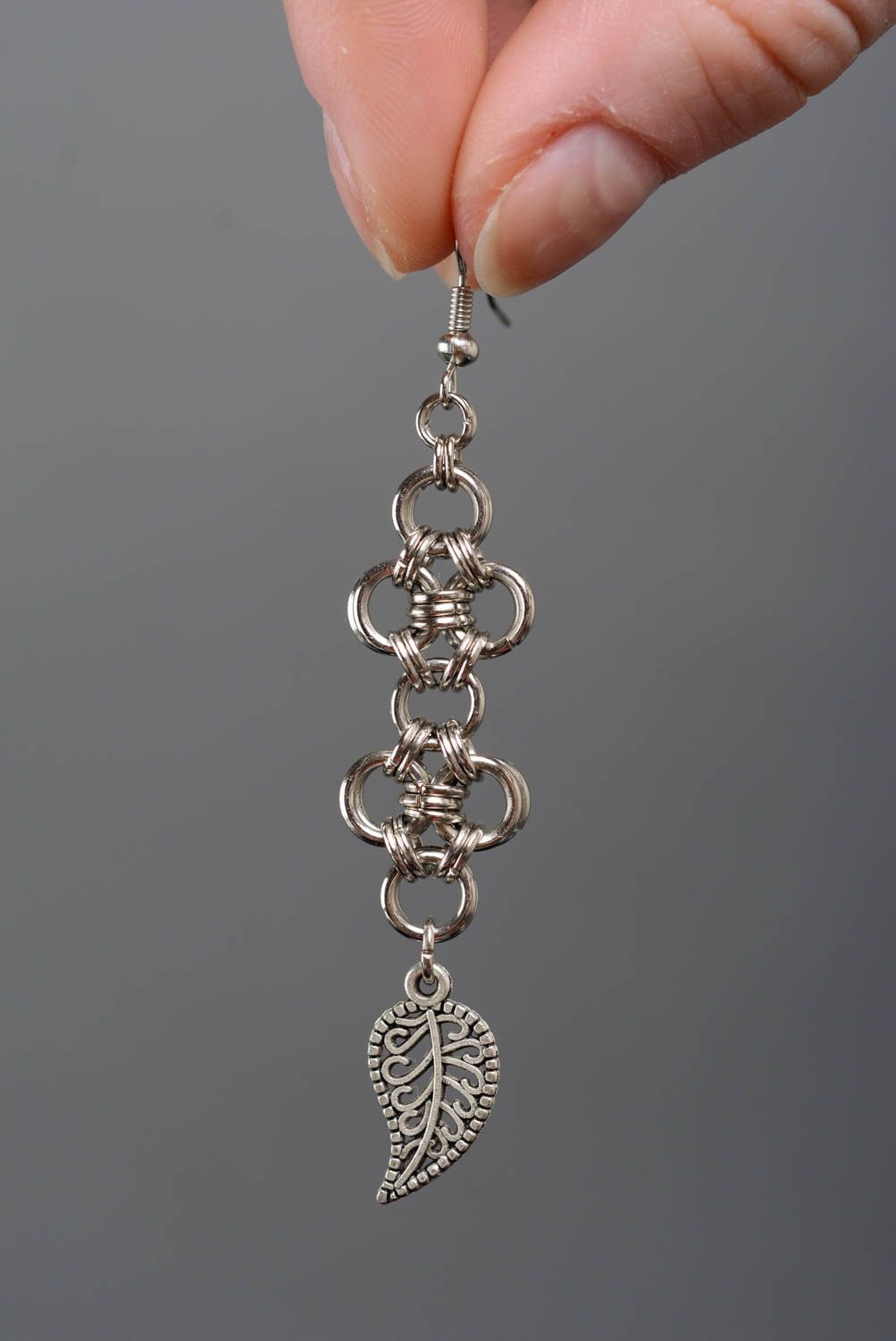 Beautiful handmade long dangling chainmail metal earrings  photo 3