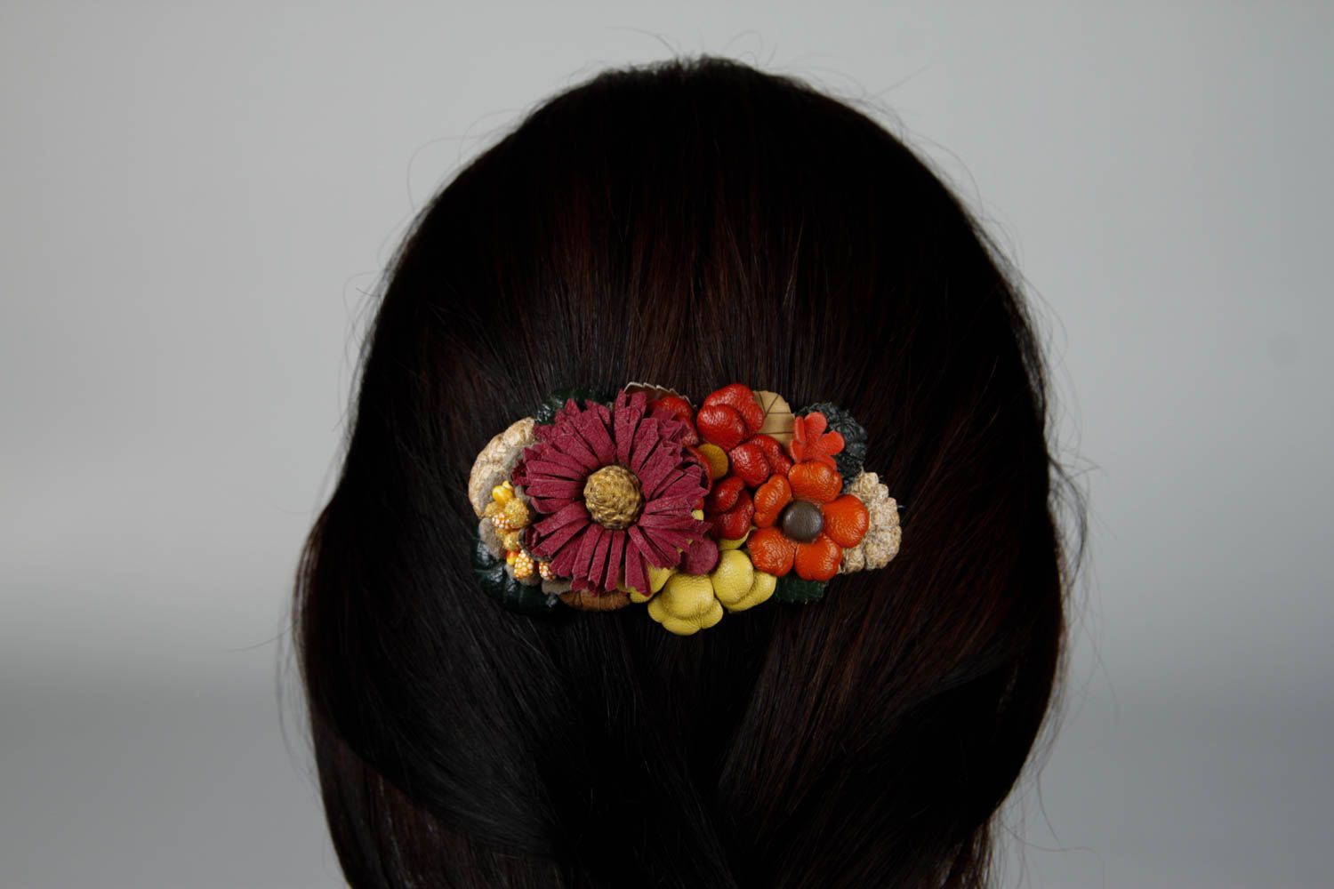 Handmade Haarspange Leder Damen Modeschmuck Accessoire für Haare mit Blumen bunt foto 2