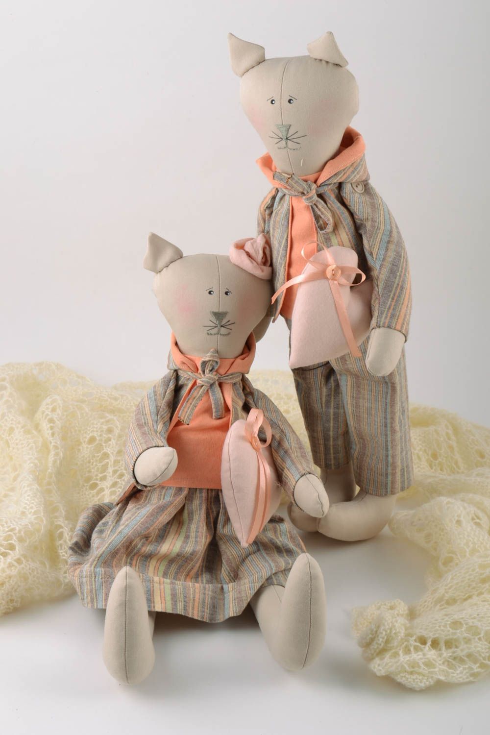 Set of 2 handmade light fabric soft toys cat boy in suit and cat girl in dress photo 1